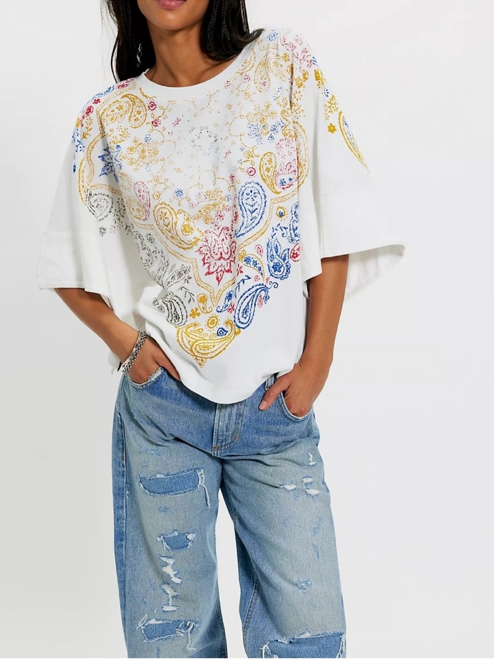 Free People We The Free Heirloom Printed Tee in Ivory XS